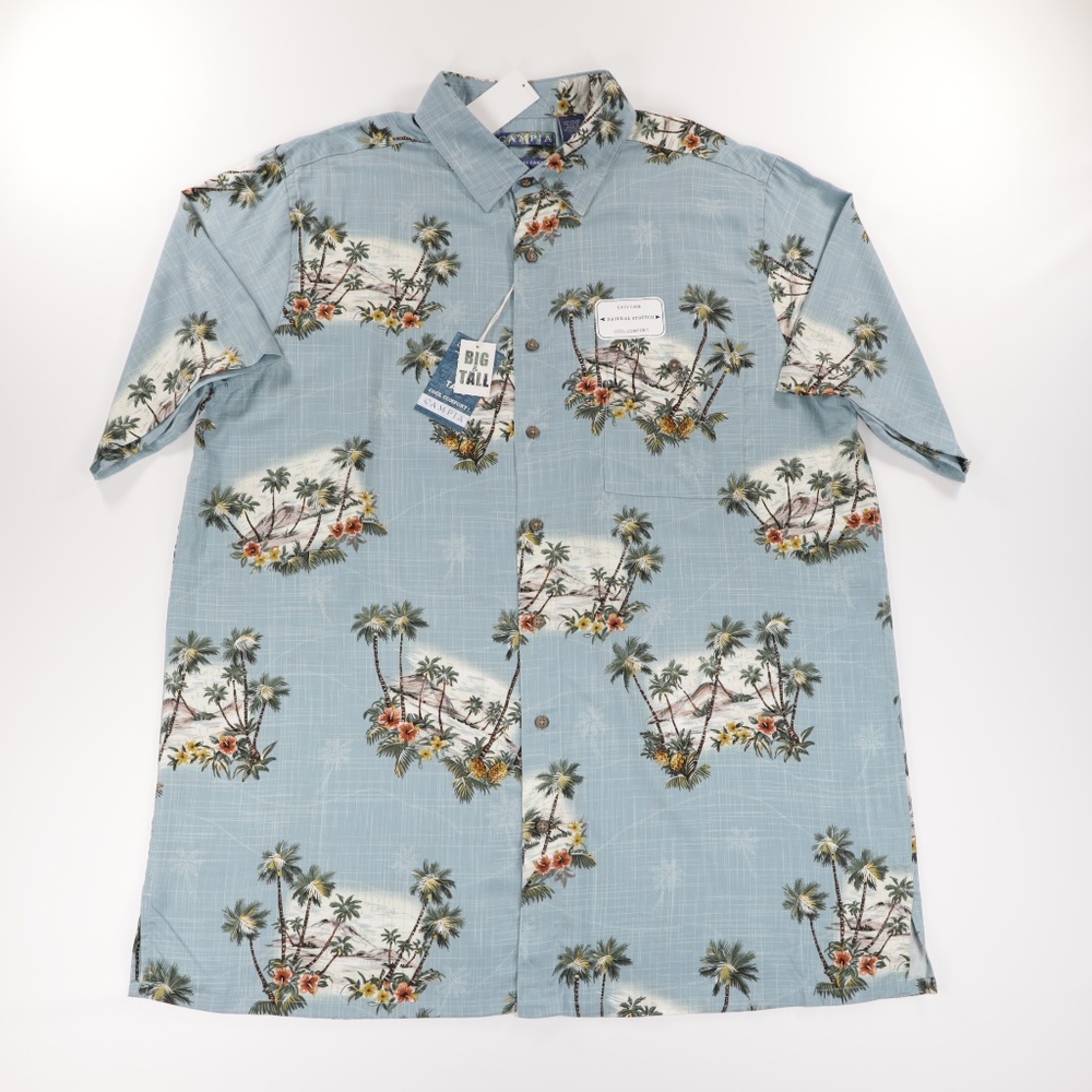 Campia Mens Big & Tall Short Sleeve Palm Print Camp Shirt Light Blue Size‎ 3XL